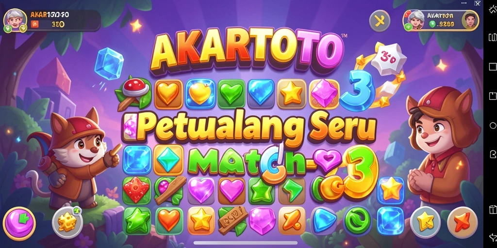 Tampilan menarik dari gameplay AKARTOTO dengan elemen Match-3 yang ceria.