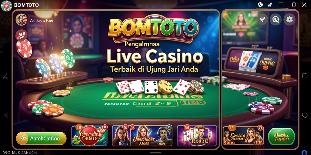 Screenshot menunjukkan dealer langsung dan permainan kasino yang menegangkan.