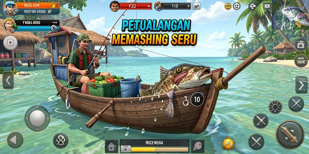 Tampilan gameplay F32 yang memukau saat memancing di danau.