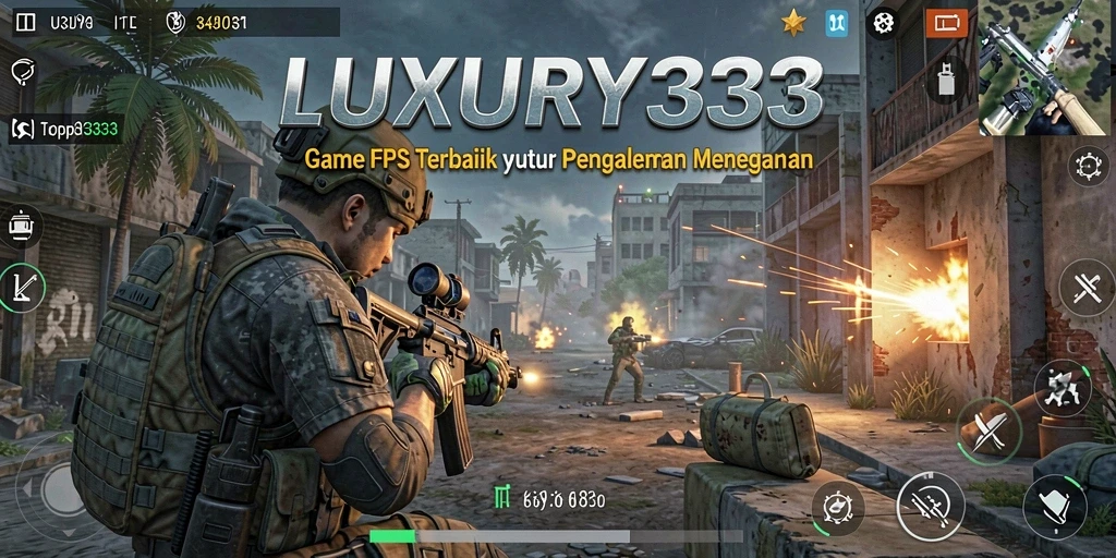 Screenshot LUXURY333 menampilkan aksi seru dalam pertempuran FPS.