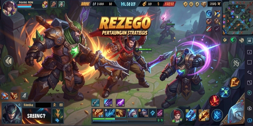 Tampilan aksi seru dalam gameplay REZEGO di arena MOBA.