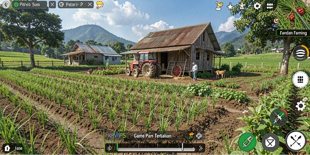 Screenshot gameplay RPVIP5 menunjukkan pertanian yang indah dan aktif.
